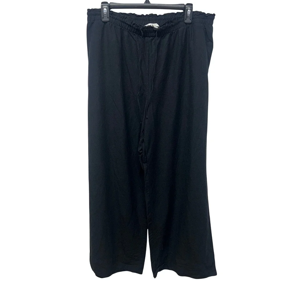 HM Womens Black Linen Blend Wide Leg Pants Paperbag Waist pull-on minimalist